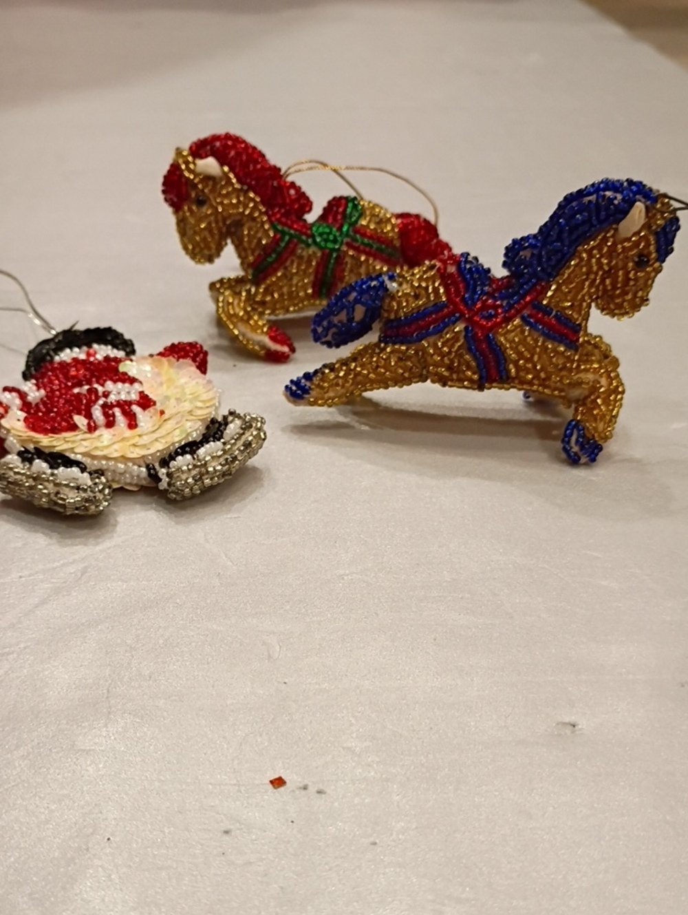 Vintage Hand Beaded Gold Carousel Horse  Snowman Ornament